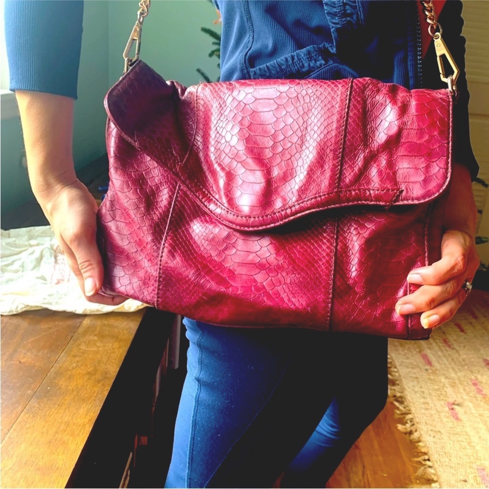 Rebecca minkoff leather snakeskin embossed shoulder bag in burgundy